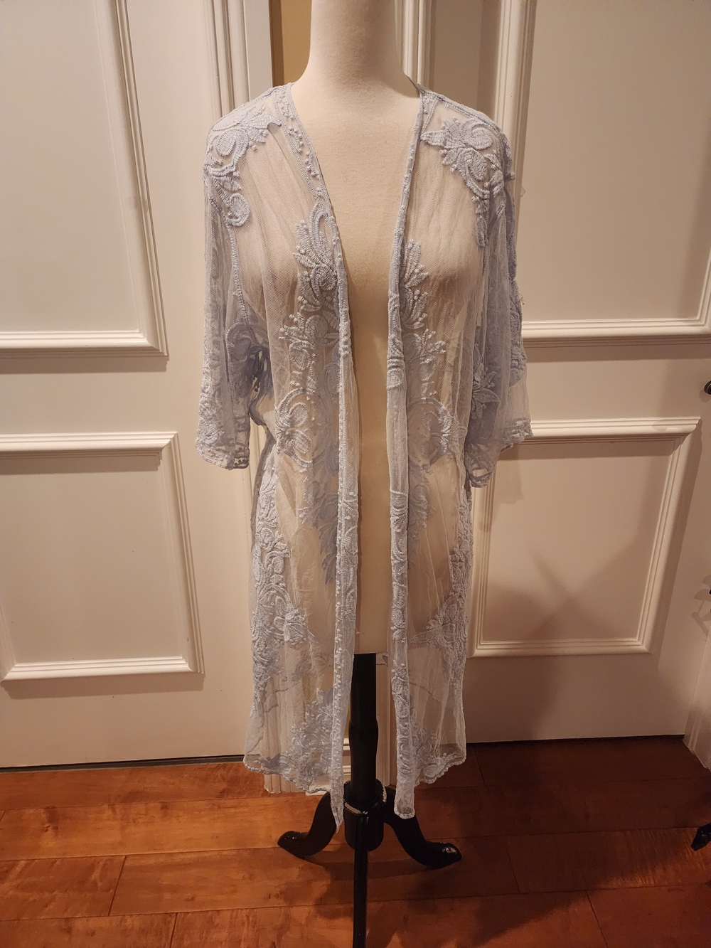 Time and Tru Light Blue Sheer Embroidered Duster